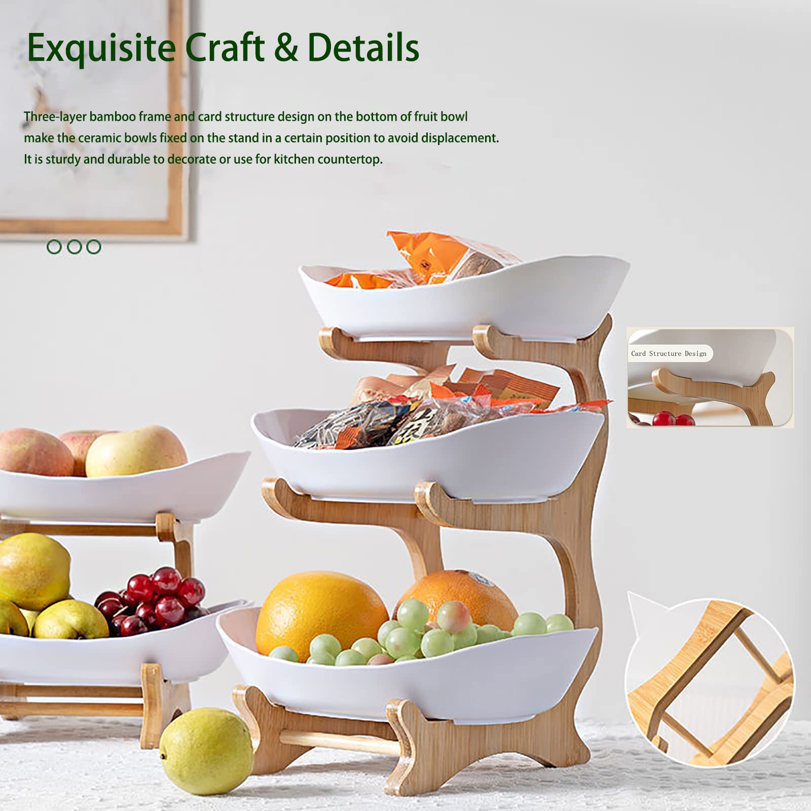 fghuim 3 Tier Ceramic Fruit Bowls with Bamboo Stand,Decorative Ceramic Friut Bowl with Bamboo Holder for Kitchen Counter White(Include 1 Y Stainless Steel Peeler,3 Oranger Finger Peelers)