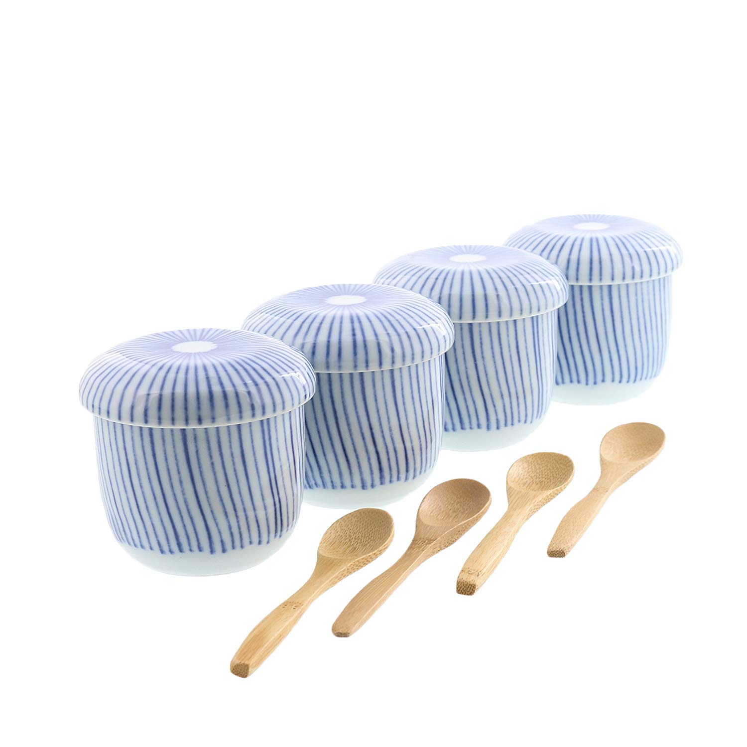 Zen Table Japan Pick Your Design CHAWAN-MUSHI 6.7 oz Cup with Bamboo Spoon -Set of 4- Made in Japan (Tokusa)