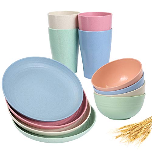 Wheat Straw Dinnerware Sets (12pcs) Multi Color Lightweight Bowls, Cups, Plates Set Reusable, Dishwasher Safe, Wheat Straw Bowls Plates Mugs