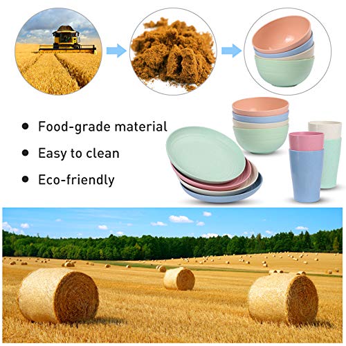 Wheat Straw Dinnerware Sets (12pcs) Multi Color Lightweight Bowls, Cups, Plates Set Reusable, Dishwasher Safe, Wheat Straw Bowls Plates Mugs