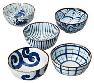 saikai pottery traiditional japanese blue and white patterns japanease rice bowls (5 bowls set) 31043 from japan