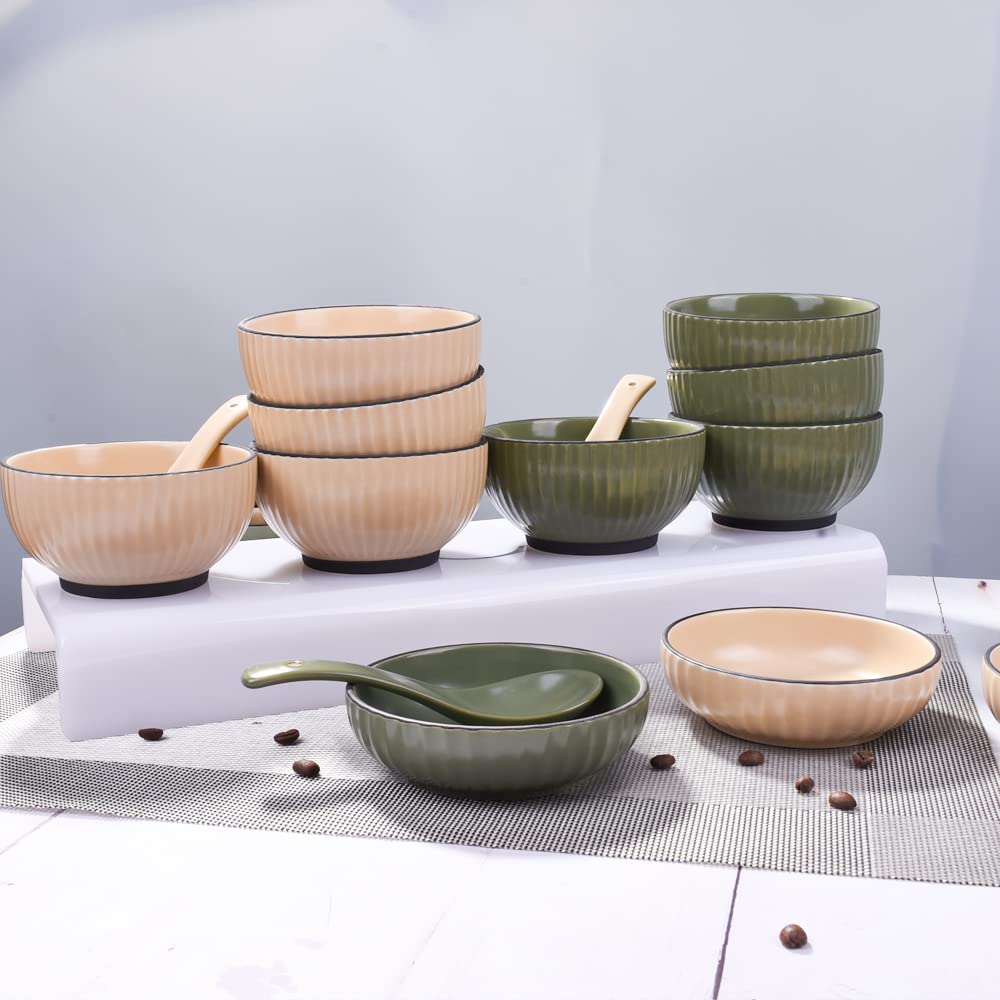 Swlthwen Ceramic Rice Bowl Set 4 small bowls for Rice Soup Dessert Side Dishes Ice Cream - Scandinavian Style Bowl Set, Microwaveable Dishwasher Safe - 4.5 Inches (Dark Green)