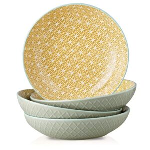 chubacoo pasta bowls set of 4: large salad serving bowls - wide & shallow dinner bowls - embossed deep plates for entree, soup - big ceramic bowl for kitchen microwave safe - 8.5 inch, 36 oz (yellow)