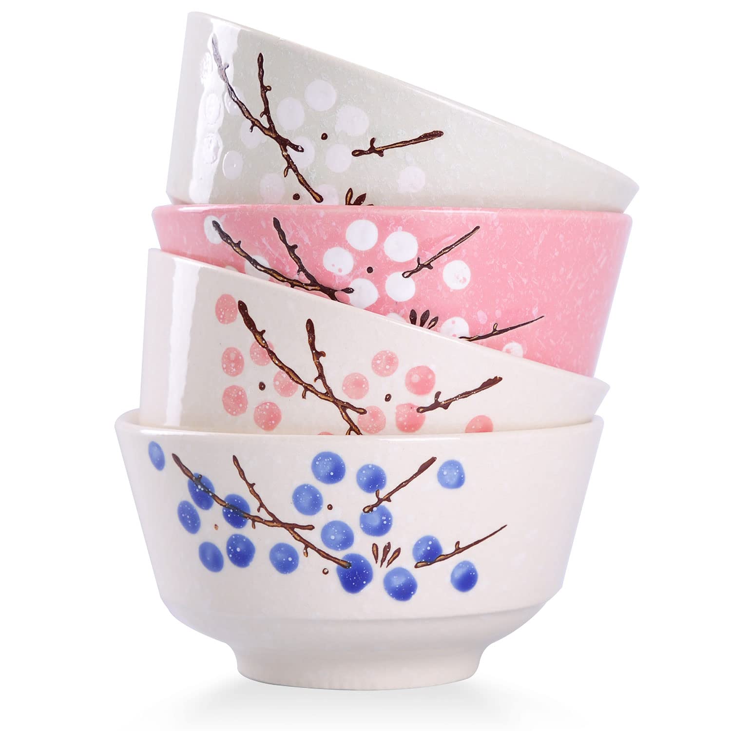 VanEnjoy Set of 4 Japanese Style Ceramic Rice Bowl,4 Assorted Color Cherry Blossoms Among Snow Flake Pattern Bowls Set