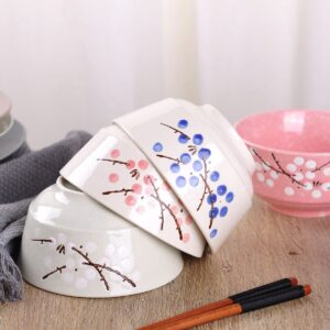 VanEnjoy Set of 4 Japanese Style Ceramic Rice Bowl,4 Assorted Color Cherry Blossoms Among Snow Flake Pattern Bowls Set