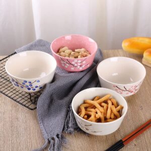 VanEnjoy Set of 4 Japanese Style Ceramic Rice Bowl,4 Assorted Color Cherry Blossoms Among Snow Flake Pattern Bowls Set