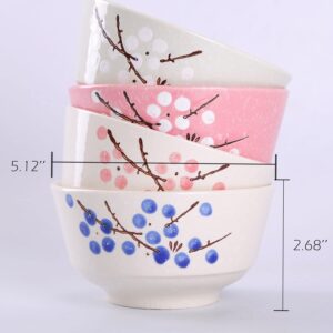 VanEnjoy Set of 4 Japanese Style Ceramic Rice Bowl,4 Assorted Color Cherry Blossoms Among Snow Flake Pattern Bowls Set