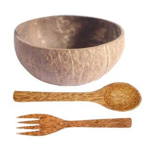 cerem coconut bowl with wooden spoon and fork handmade kitchen utensils for fruit salad dessert smoothie breakfast party meals serving home decor, natural 1 set