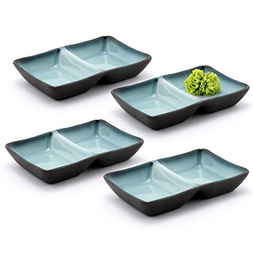 Happy Sales HSSD-DBGB4, Dual Sauce Bowls, Dual Dipping Bowls, Dual Sauce Dishes, Set of 4 pc, Grey Blue