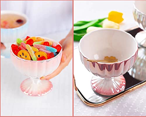 YOKIOU Ceramics Ice Cream Cups with Spoons Reusable Dessert Cups Bowls for Trifle Parfait Sundae and Nuts (Pink)