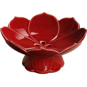kelendle pedestal fruit bowl centerpiece decorative compote footed bowl ceramics dessert serving bowl tray display stand lotus drain plate for kitchen counters for fruits breads snacks (red)