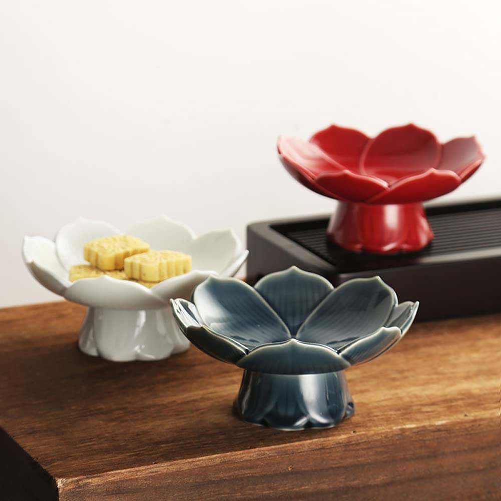 Kelendle Pedestal Fruit Bowl Centerpiece Decorative Compote Footed Bowl Ceramics Dessert Serving Bowl Tray Display Stand Lotus Drain Plate for Kitchen Counters for Fruits Breads Snacks (Red)