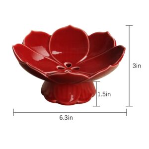 Kelendle Pedestal Fruit Bowl Centerpiece Decorative Compote Footed Bowl Ceramics Dessert Serving Bowl Tray Display Stand Lotus Drain Plate for Kitchen Counters for Fruits Breads Snacks (Red)