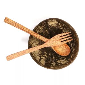 cerem coconut bowl & wooden spoon, fork set - handmade natural coconut bowls for acai, smoothie, buddha bowls - eco friendly vegan gifts, kitchen decor - 1 set, polished