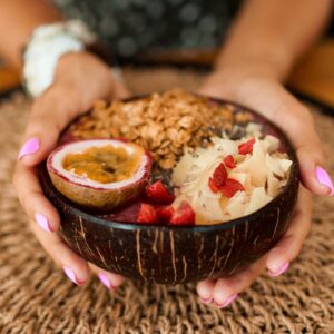 CEREM Coconut Bowl & Wooden Spoon, Fork Set - Handmade Natural Coconut Bowls for Acai, Smoothie, Buddha Bowls - Eco Friendly Vegan Gifts, Kitchen Decor - 1 Set, Polished