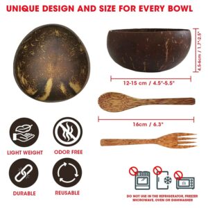 CEREM Coconut Bowl & Wooden Spoon, Fork Set - Handmade Natural Coconut Bowls for Acai, Smoothie, Buddha Bowls - Eco Friendly Vegan Gifts, Kitchen Decor - 1 Set, Polished