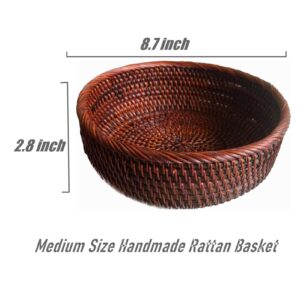 AMOLOLO 9 Inch Round Rattan Bowl Basket, Handmade Wicker Basket Tray with Scalloped Edge and 3”Deep Wall, Decorative Woven Dark Brown Bread Basket Fruit Bowl Key Holder Table Centerpiece, M