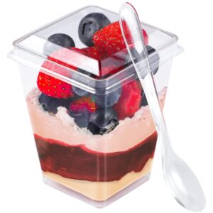 chrome 50pack 5oz plastic dessert cups with lids & spoons - ice cream cups with stickers, serving fruit trifle mousse pudding and more (5oz/ 150ml)