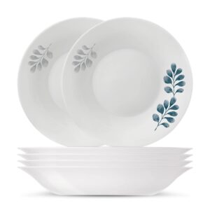 bormioli rocco set of 6, white moon botanica blue 9 inch pasta bowls tempered opal glass dishes, dishwasher & microwave safe, made in spain.