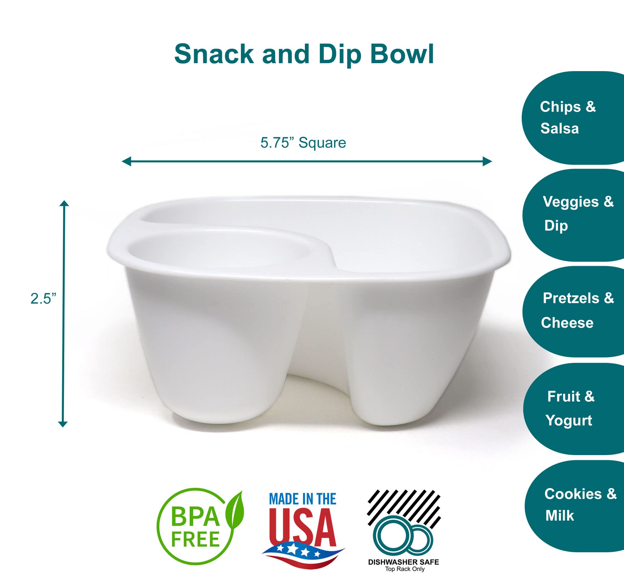 Rolling Sands Reusable Snack and Dip Bowls, 10 Pk, USA Made, Dishwasher and Microwave Safe, Personal Size, BPA-Free, Two Compartments to Hold Dips, Snacks and Treats, White