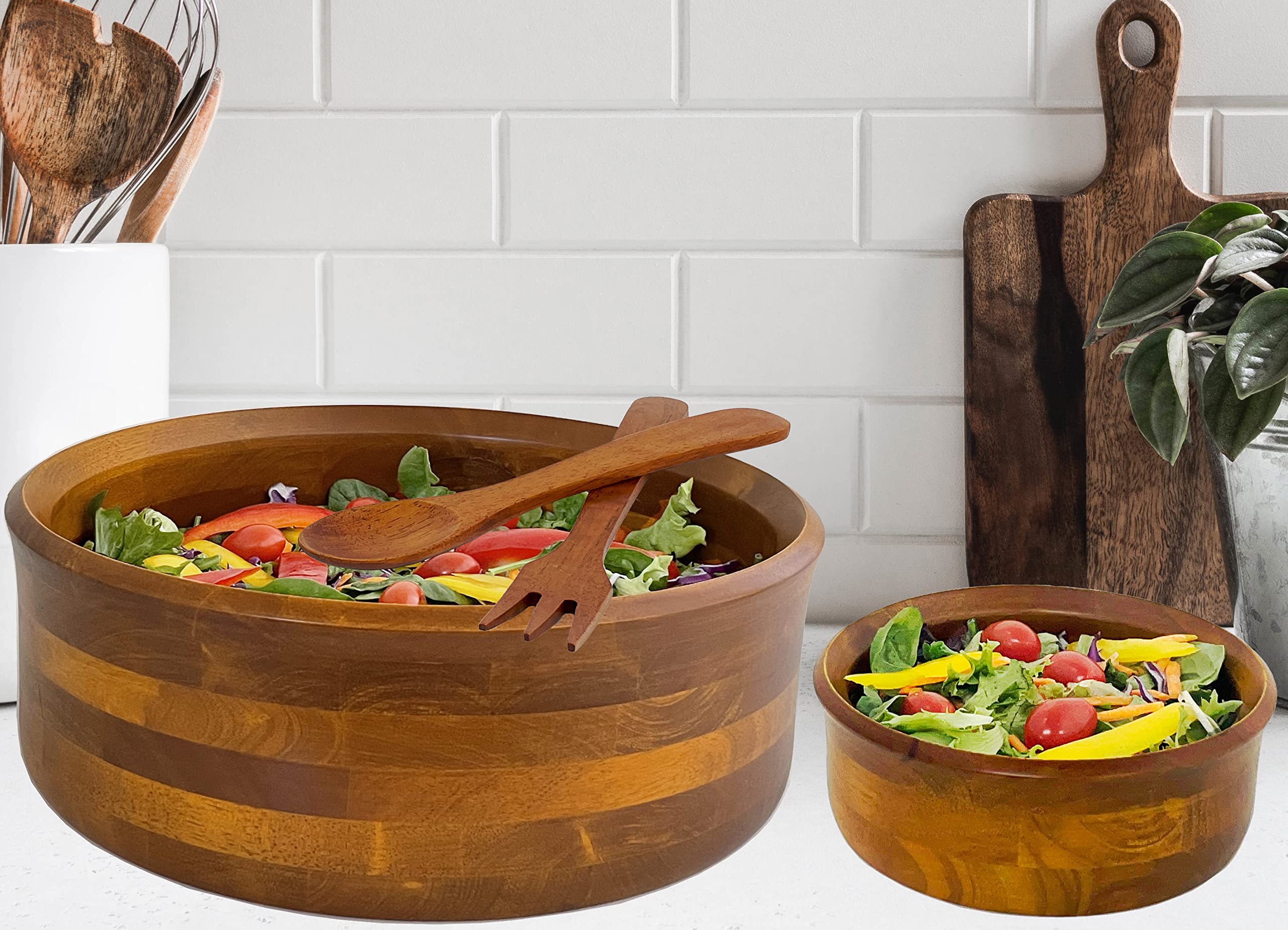 Woodard & Charles Wood Serving Bowls for Salad, Snack, Fruit, Chips, or Candy (13" x 5" Bowl with Servers)