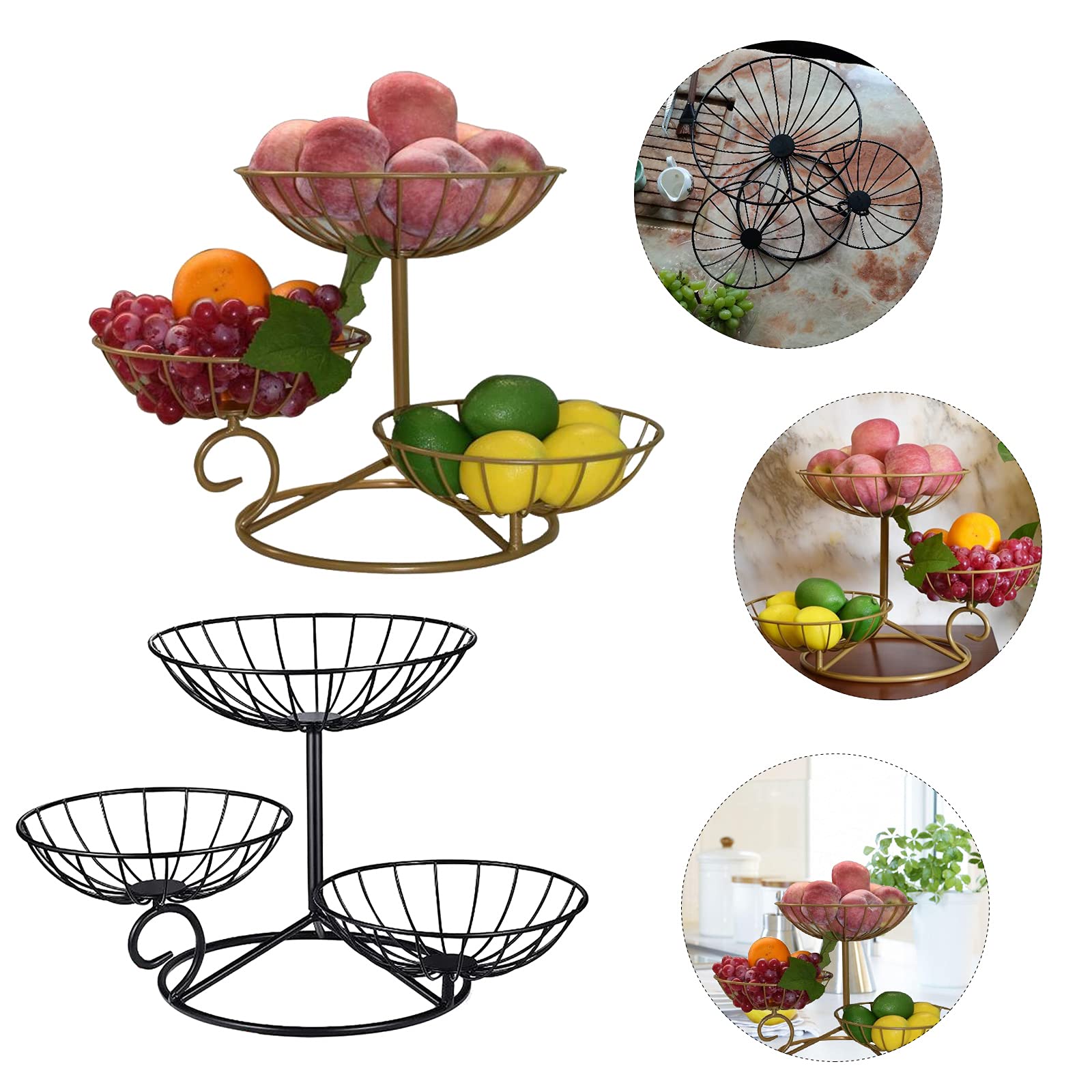 Fruit Plate Stand, 3 Plates Fruit Bowl Fruit Tiered Tray Metal Fruit Basket Countertop Fruit Snack Candy Storage Basket for Counter Kitchen Organizer (Black)