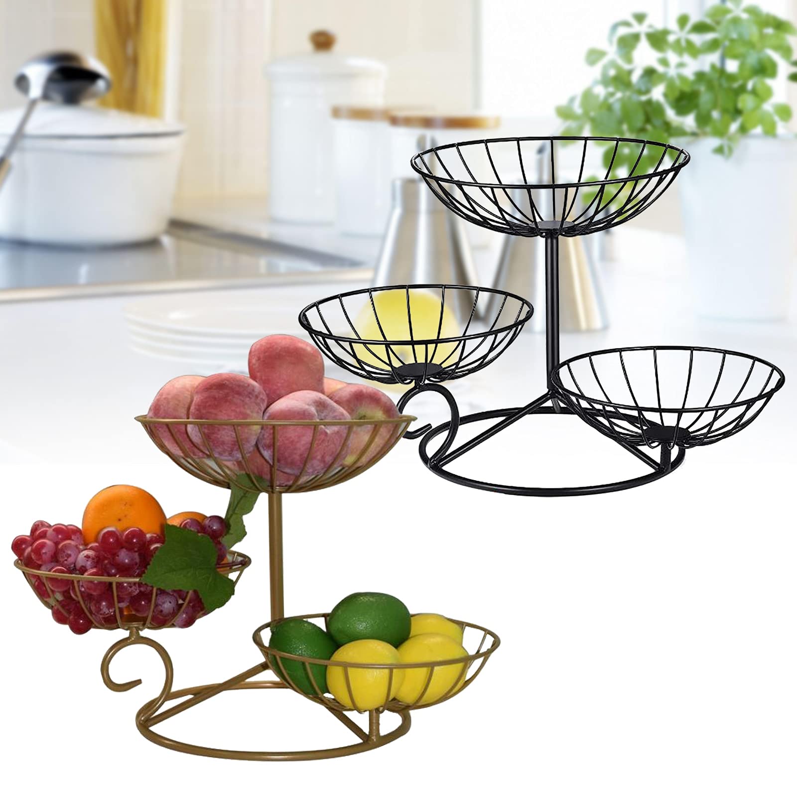 Fruit Plate Stand, 3 Plates Fruit Bowl Fruit Tiered Tray Metal Fruit Basket Countertop Fruit Snack Candy Storage Basket for Counter Kitchen Organizer (Black)