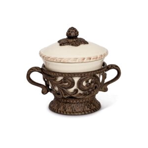gg collection cream ceramic bowl and lid with detailed ornate acanthus leaf motif base
