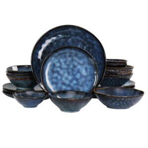 elama lucca 20 piece round stoneware triple bowl dinnerware set in blue