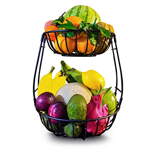 Kitchen Fruit Basket Stand 2 Tier – Tiered Fruits, Vegetable Holder for Kitchen Countertop Modern – Produce Storage Organizer, Fruit Bowl, Snack Rack, Screws Free Design Produce Bin - Black