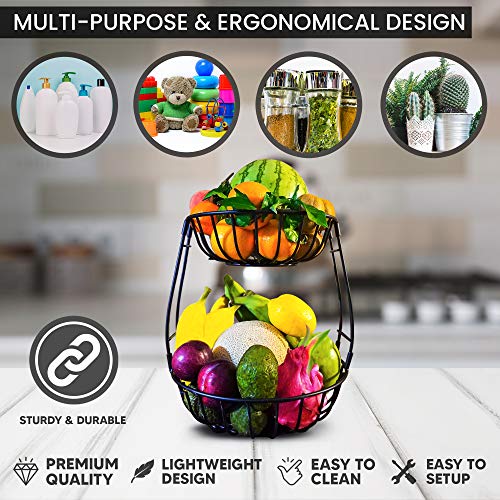 Kitchen Fruit Basket Stand 2 Tier – Tiered Fruits, Vegetable Holder for Kitchen Countertop Modern – Produce Storage Organizer, Fruit Bowl, Snack Rack, Screws Free Design Produce Bin - Black