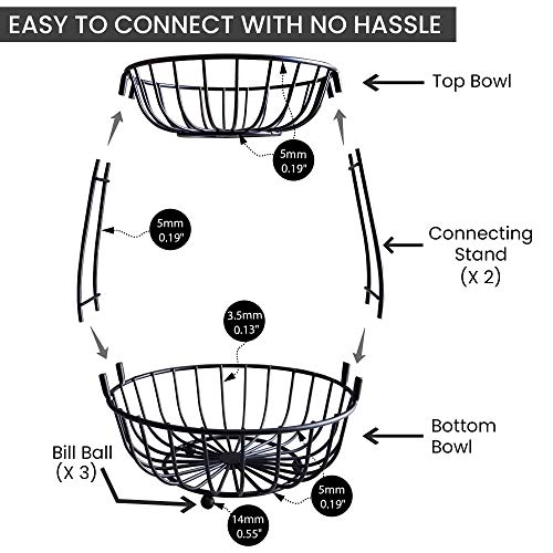 Kitchen Fruit Basket Stand 2 Tier – Tiered Fruits, Vegetable Holder for Kitchen Countertop Modern – Produce Storage Organizer, Fruit Bowl, Snack Rack, Screws Free Design Produce Bin - Black