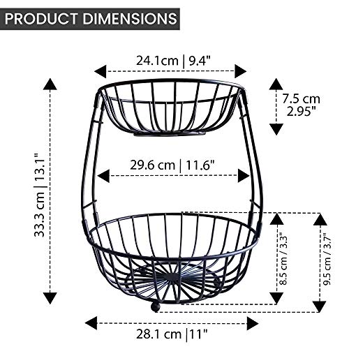 Kitchen Fruit Basket Stand 2 Tier – Tiered Fruits, Vegetable Holder for Kitchen Countertop Modern – Produce Storage Organizer, Fruit Bowl, Snack Rack, Screws Free Design Produce Bin - Black