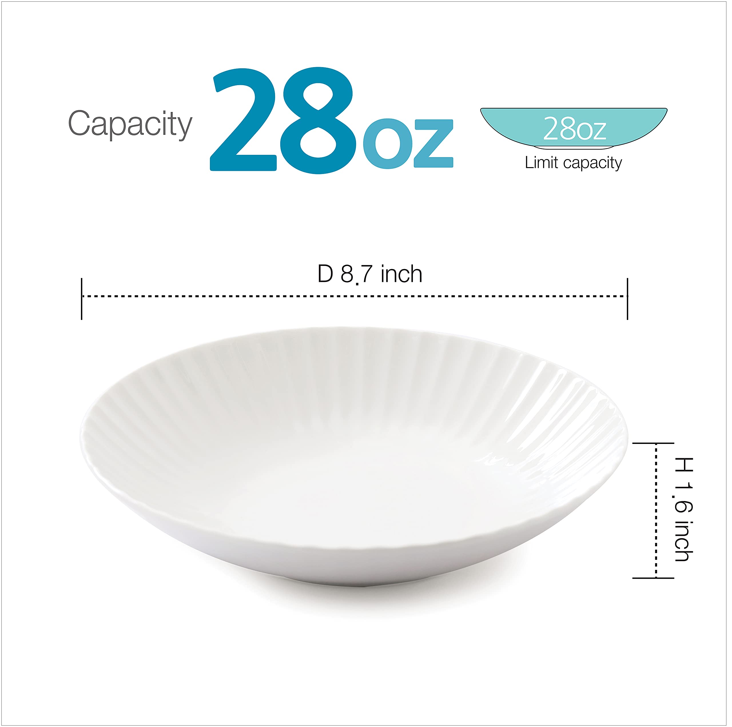 ZEN Pleats Porcelain Salad Pasta Bowls 28oz Set of 6 (Mixed Color)