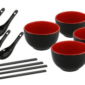 KOVOT Asian Cuisine Ceramic Serving Bowl Set - Includes (4) 20-Ounce Bowls, (4) Oriental Spoons, (4) Sets Of Chopsticks