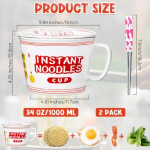 Norme 2 Sets Ramen Bowl Set with Chopsticks 34 oz Instant Ramen Noodle Bowls with Lid Cute Soup Mug Instant Noodles Cup Large Japanese Soup Bowls with Handle for Kitchen