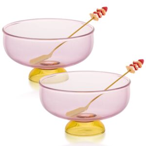 reawow glass dessert bowls set of 2 ice cream bowl with 2 gold-plated spoons decorative microwave safe for fruit,snack,candy glass bowl set(pink)