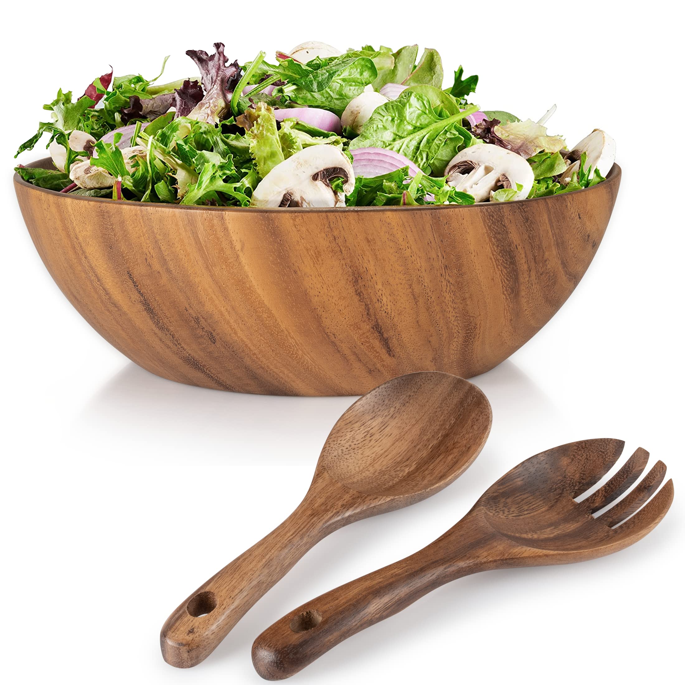 Royalling 11.8"x 3.9" Acacia Wooden Salad Bowl Set, Large wooden salad bowl, Salad Mixing Bowl, Wood Serving Bowl, 3-Piece Wood Salad Bowl Set with Salad Spoon and Fork¡­ (Acacia)