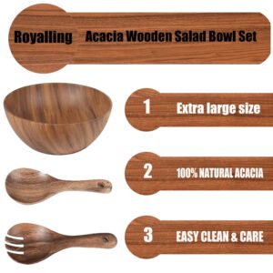 Royalling 11.8"x 3.9" Acacia Wooden Salad Bowl Set, Large wooden salad bowl, Salad Mixing Bowl, Wood Serving Bowl, 3-Piece Wood Salad Bowl Set with Salad Spoon and Fork¡­ (Acacia)