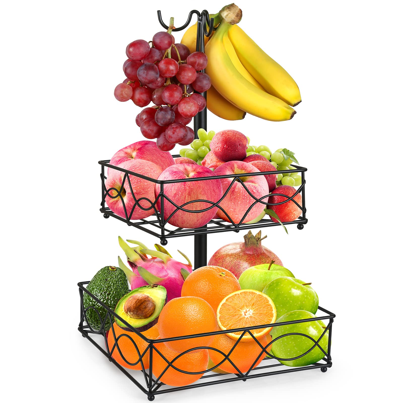 WRYISSE Flower Lattice 2 Tier Countertop Fruit Basket Bowl with 3 Banana Hanger Rectangular Metal Fruit Storage Basket Stand for Vegetable Eggs Snacks (Black, Flower Design)