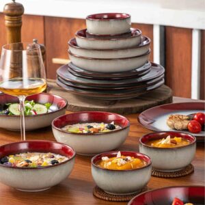 Henten Home Ceramic Small Bowl Set of 4, 8 oz Porcelain Bowls for Snack, Rice, Soup, Noodle, Serving Stoneware Bowls, Reactive Glaze, Microwave & Dishwasher Safe (Red)