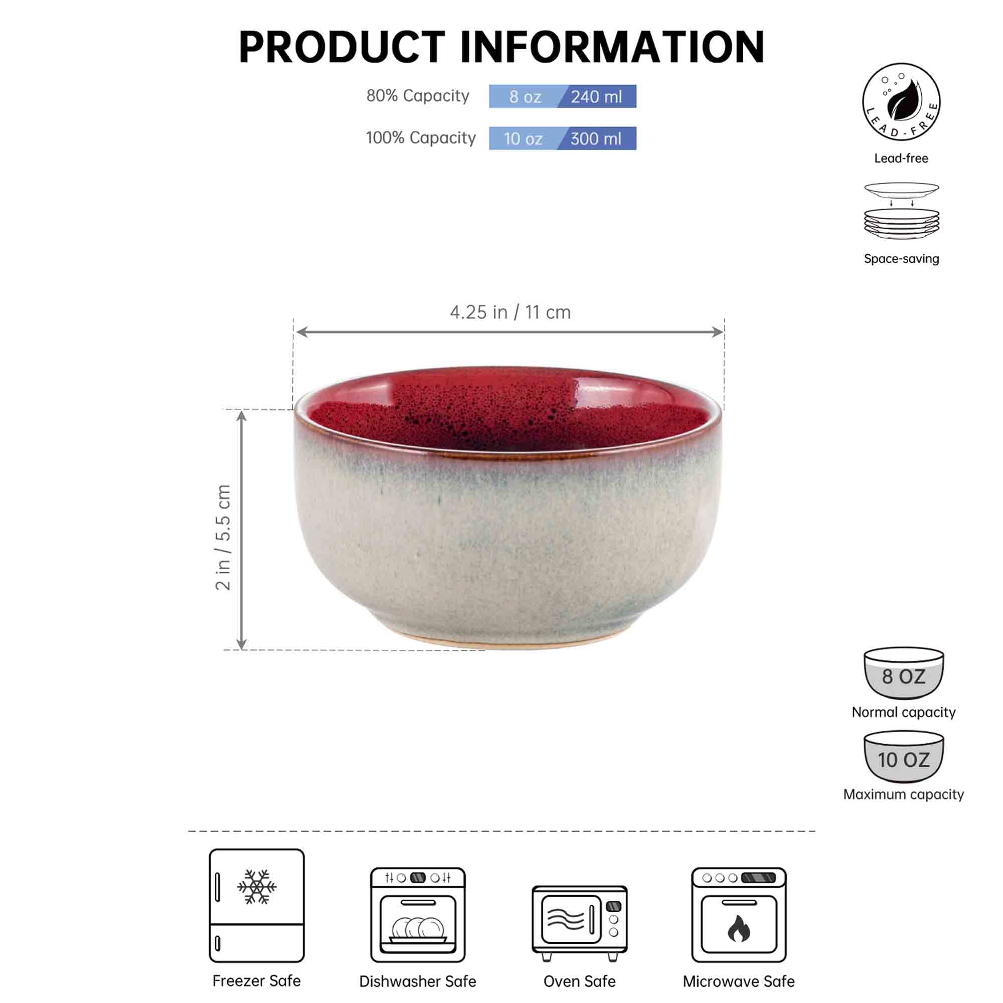 Henten Home Ceramic Small Bowl Set of 4, 8 oz Porcelain Bowls for Snack, Rice, Soup, Noodle, Serving Stoneware Bowls, Reactive Glaze, Microwave & Dishwasher Safe (Red)