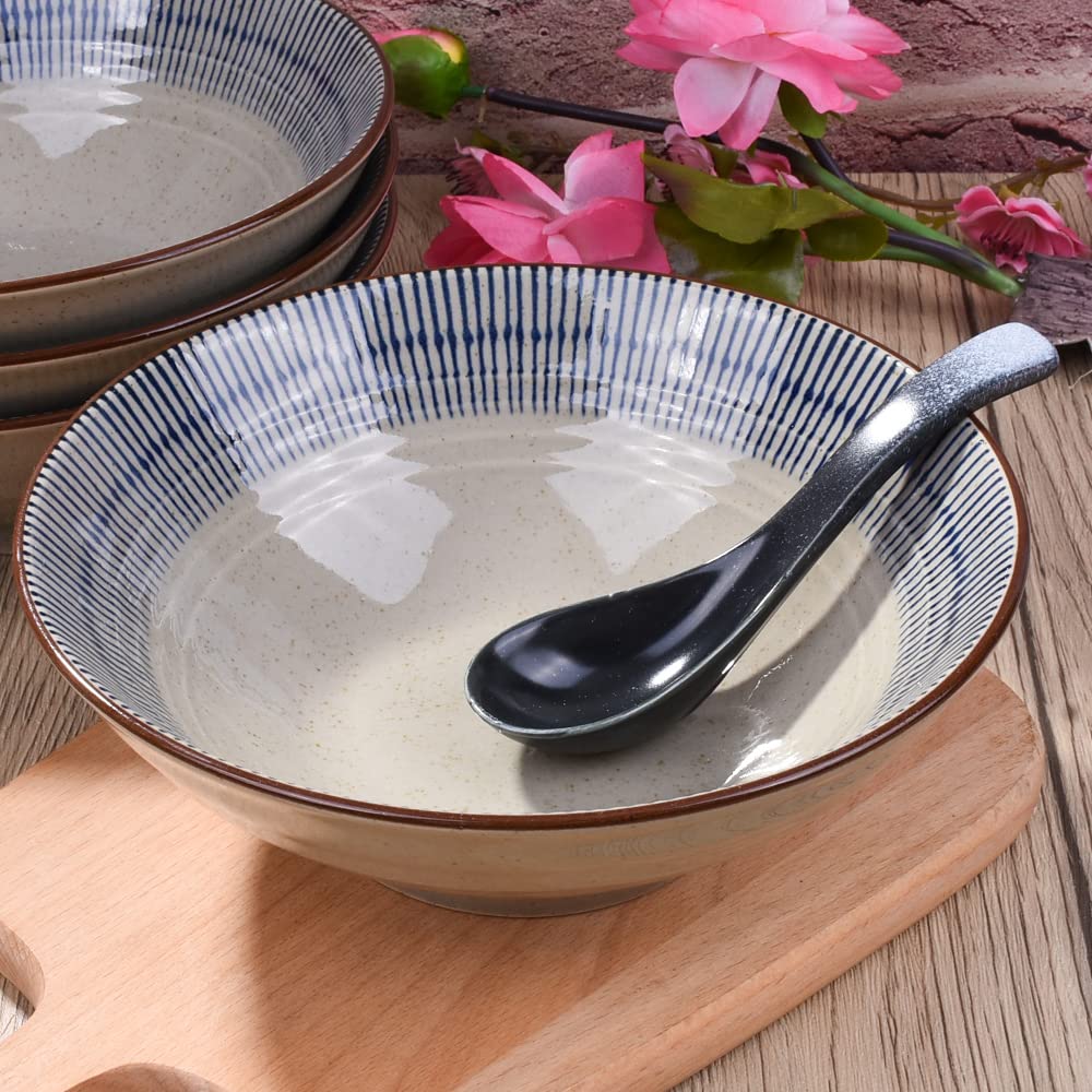 LMRLCS Japanese Ramen Bowls, 7.3 Inch (25.36 oz) Porcelain Noodle Pho Salad Soup Bowls Set of 4 Microwave Dishwasher Safe