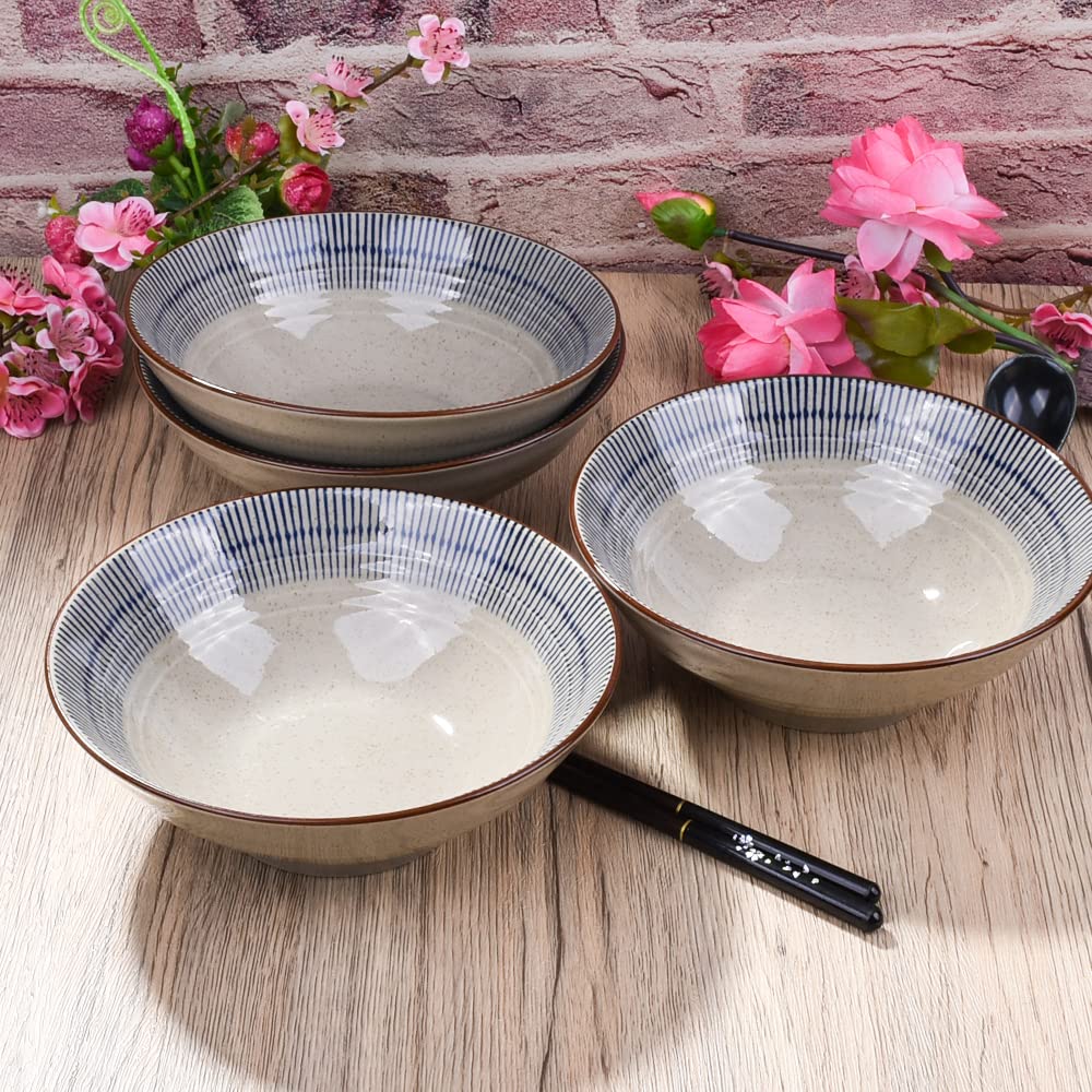 LMRLCS Japanese Ramen Bowls, 7.3 Inch (25.36 oz) Porcelain Noodle Pho Salad Soup Bowls Set of 4 Microwave Dishwasher Safe