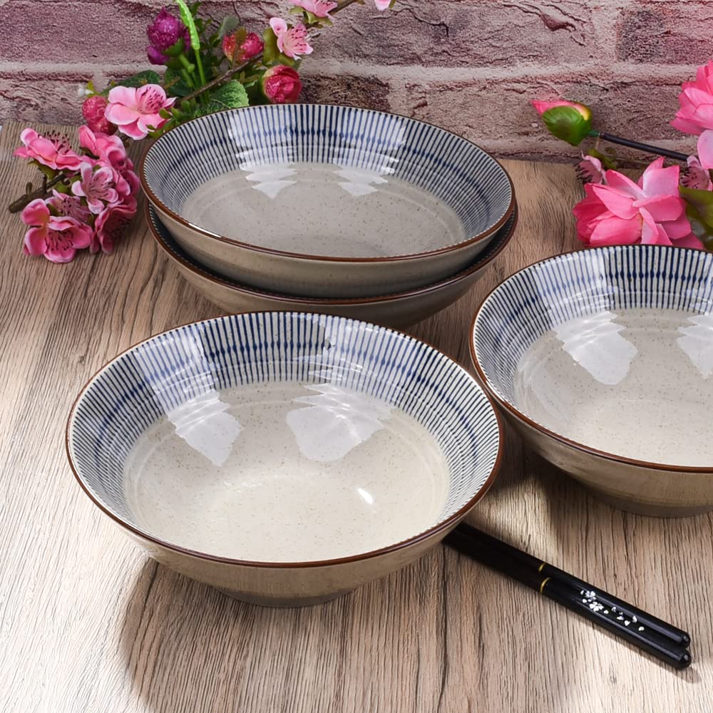 LMRLCS Japanese Ramen Bowls, 7.3 Inch (25.36 oz) Porcelain Noodle Pho Salad Soup Bowls Set of 4 Microwave Dishwasher Safe