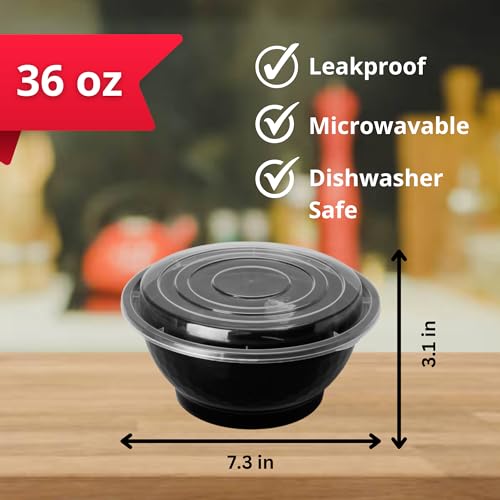 BUHAYA 25 Meal Prep Containers 36oz | Noodle Bowl, Food Storage, Stackable, Reusable Food Storage Containers with Lids | Microwave, Dishwasher, Freezer Safe | Catering, Takeout Food Containers