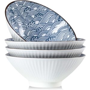 qinlang 38 oz japanese ramen bowls, cereal bowls, soup bowls, pho bowls, noodle bowls, 8 in blue and white ceramic bowls set of 4, wave pattern