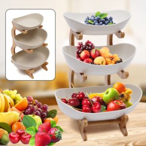 Futchoy Household 3 Tier Ceramic Fruit Plate Bowl,Bamboo Wooden Frame Plate Basket Holder,for Vegetables,Fruit and Candy Organizing (White)