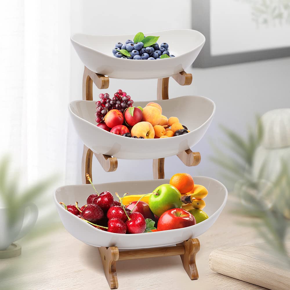Futchoy Household 3 Tier Ceramic Fruit Plate Bowl,Bamboo Wooden Frame Plate Basket Holder,for Vegetables,Fruit and Candy Organizing (White)