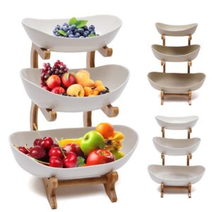 Futchoy Household 3 Tier Ceramic Fruit Plate Bowl,Bamboo Wooden Frame Plate Basket Holder,for Vegetables,Fruit and Candy Organizing (White)